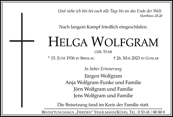 Traueranzeige von Helga Wolfgram von Salzgitter-Zeitung