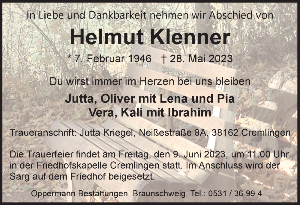  Traueranzeige für Helmut Klenner vom 03.06.2023 aus Wolfenbütteler Zeitung