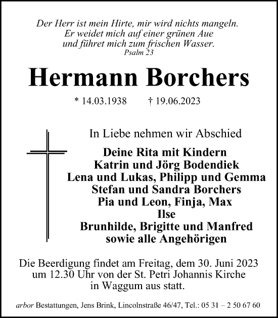 Traueranzeige von Hermann Borchers von Braunschweiger Zeitung