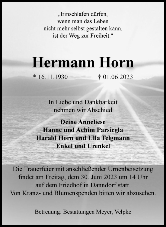 Traueranzeige von Hermann Horn von Wolfsburger Nachrichten