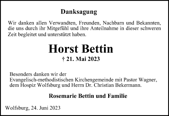 Traueranzeige von Horst Bettin von Wolfsburger Nachrichten