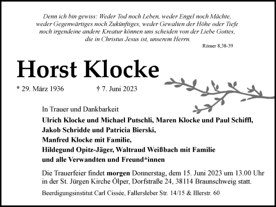 Traueranzeige von Horst Klocke von Braunschweiger Zeitung