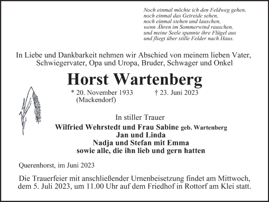 Traueranzeige von Horst Wartenberg von Helmstedter Nachrichten