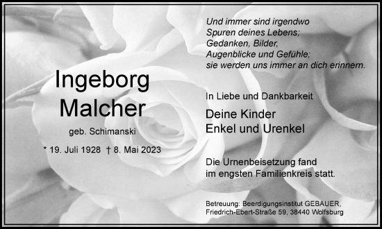 Traueranzeige von Ingeborg Malcher von Wolfsburger Nachrichten