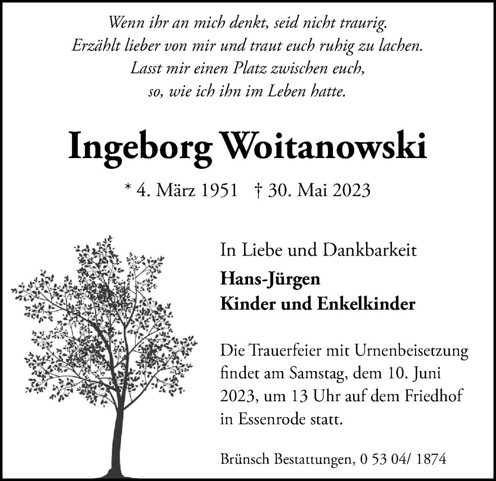  Traueranzeige für Ingeborg Woitanowski vom 03.06.2023 aus Helmstedter Nachrichten
