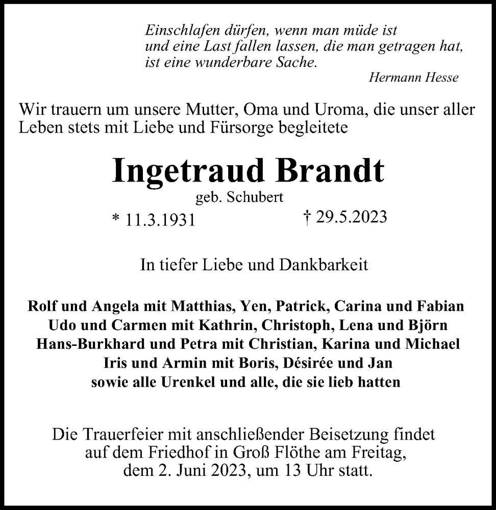  Traueranzeige für Ingetraud Brandt vom 01.06.2023 aus Salzgitter-Zeitung, Wolfenbütteler Zeitung