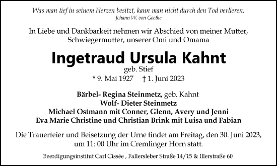 Traueranzeige von Ingetraud Ursula Kahnt von Braunschweiger Zeitung