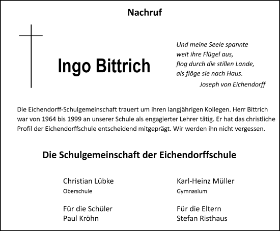 Traueranzeige von Ingo Bittrich von Wolfsburger Nachrichten