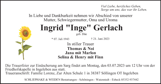 Traueranzeige von Ingrid Gerlach von Helmstedter Nachrichten