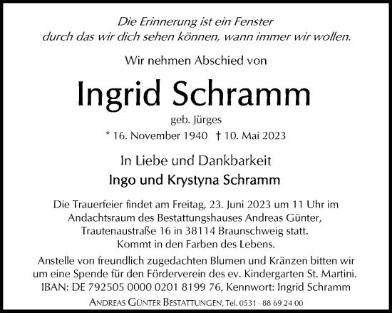 Traueranzeige von Ingrid Schramm von Braunschweiger Zeitung