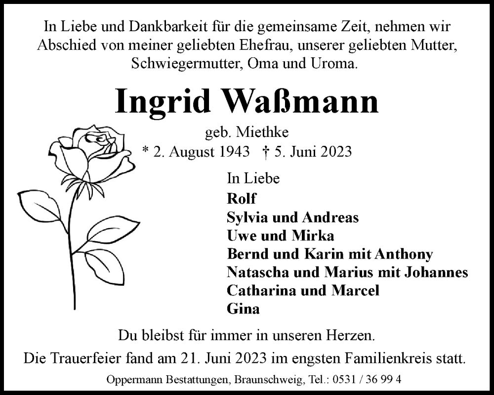  Traueranzeige für Ingrid Waßmann vom 24.06.2023 aus Braunschweiger Zeitung
