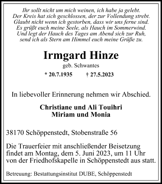 Traueranzeige von Irmgard Hinze von Wolfenbütteler Zeitung