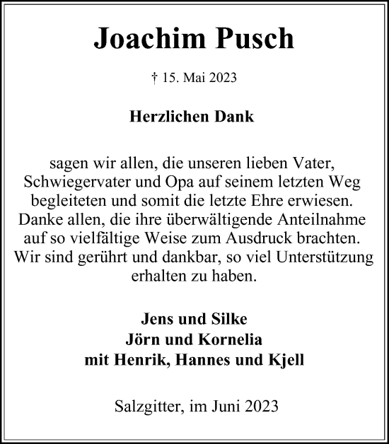 Traueranzeige von Joachim Pusch von Salzgitter-Zeitung