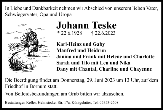 Traueranzeige von Johann Teske von Helmstedter Nachrichten