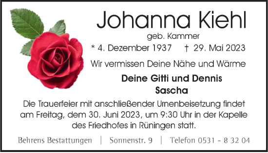 Traueranzeige von Johanna Kiehl von Braunschweiger Zeitung