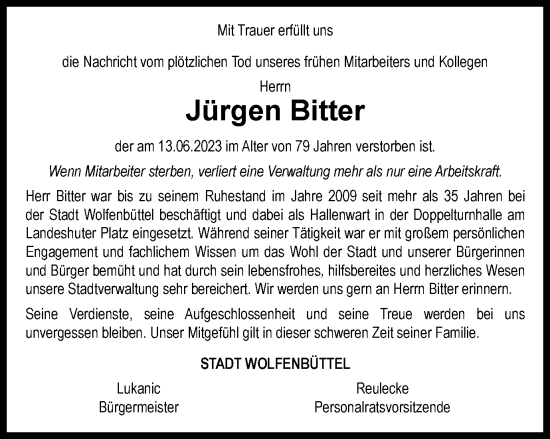 Traueranzeige von Jürgen Bitter von Wolfenbütteler Zeitung