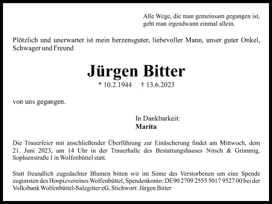 Traueranzeige von Jürgen Bitter von Wolfenbütteler Zeitung