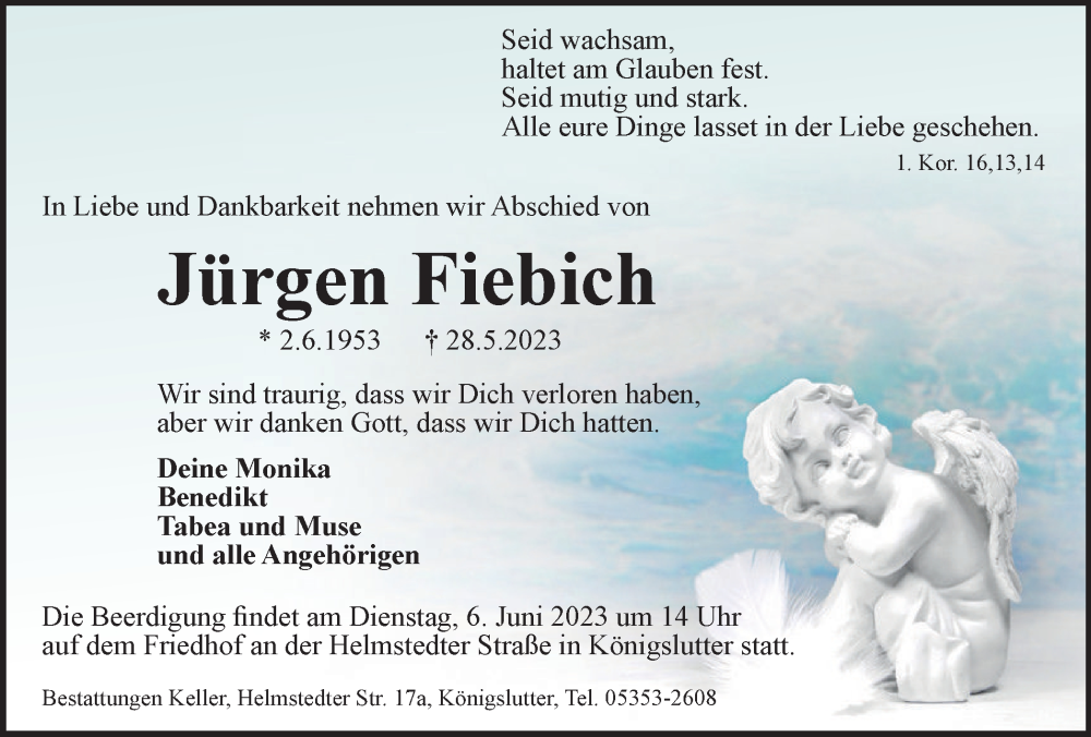  Traueranzeige für Jürgen Fiebich vom 03.06.2023 aus Helmstedter Nachrichten