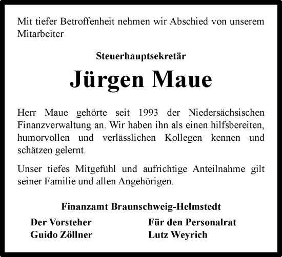 Traueranzeige von Jürgen Maue von Braunschweiger Zeitung