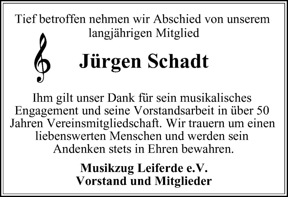  Traueranzeige für Jürgen Schadt vom 24.06.2023 aus Braunschweiger Zeitung