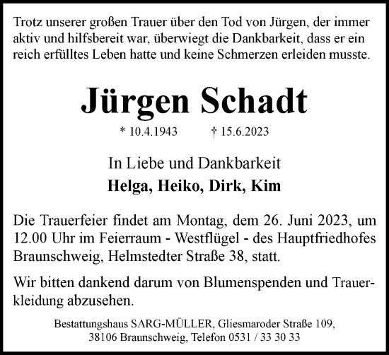 Traueranzeige von Jürgen Schadt von Braunschweiger Zeitung