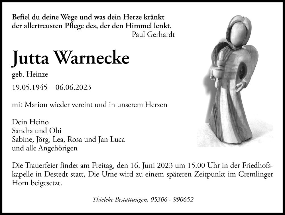  Traueranzeige für Jutta Warnecke vom 13.06.2023 aus Wolfenbütteler Zeitung