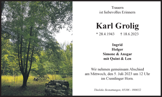 Traueranzeige von Karl Grolig von Wolfenbütteler Zeitung