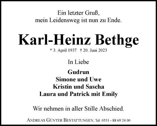 Traueranzeige von Karl-Heinz Bethge von Braunschweiger Zeitung