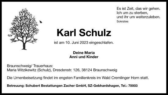 Traueranzeige von Karl Schulz von Neue Braunschweiger am Samstag