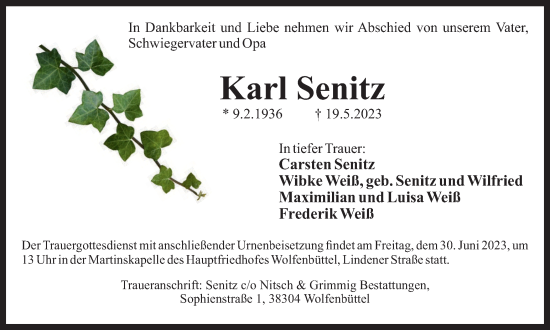 Traueranzeige von Karl Senitz von Wolfenbütteler Zeitung