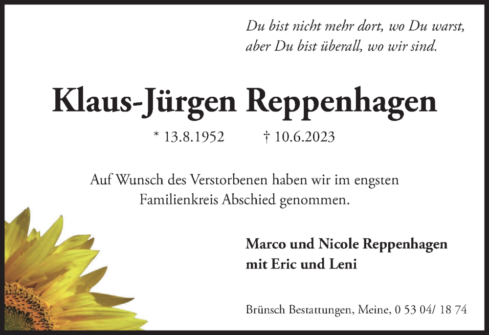 Traueranzeige für Klaus-Jürgen Reppenhagen vom 24.06.2023 aus Braunschweiger Zeitung