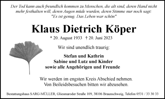 Traueranzeige von Klaus Dietrich Köper von Braunschweiger Zeitung
