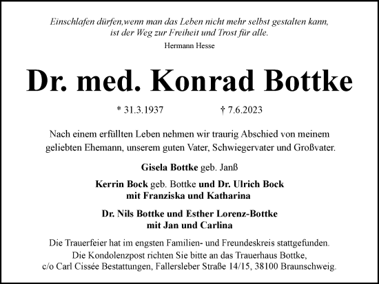 Traueranzeige von Konrad Bottke von Braunschweiger Zeitung, Salzgitter-Zeitung