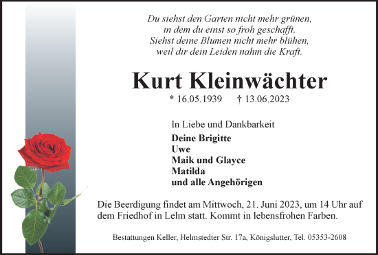 Traueranzeige von Kurt Kleinwächter von Helmstedter Nachrichten