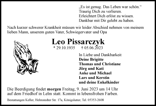 Traueranzeige von Leo Pissarczyk von Helmstedter Nachrichten