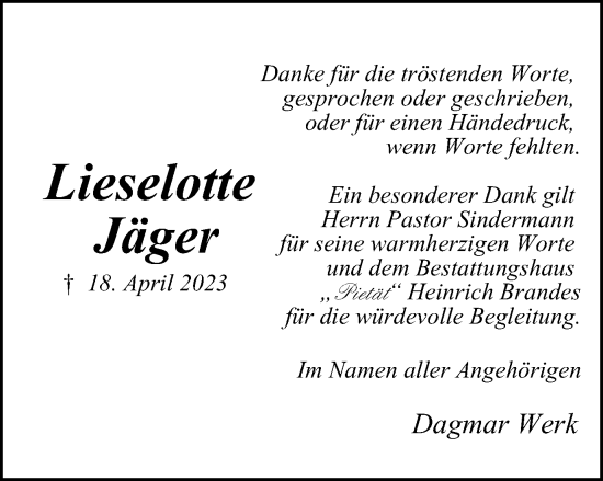 Traueranzeige von Lieselotte Jäger von Braunschweiger Zeitung