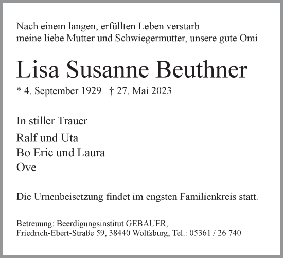 Traueranzeige von Lisa  Beuthner von Wolfsburger Nachrichten