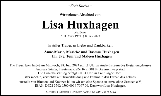 Traueranzeige von Lisa Huxhagen von Braunschweiger Zeitung