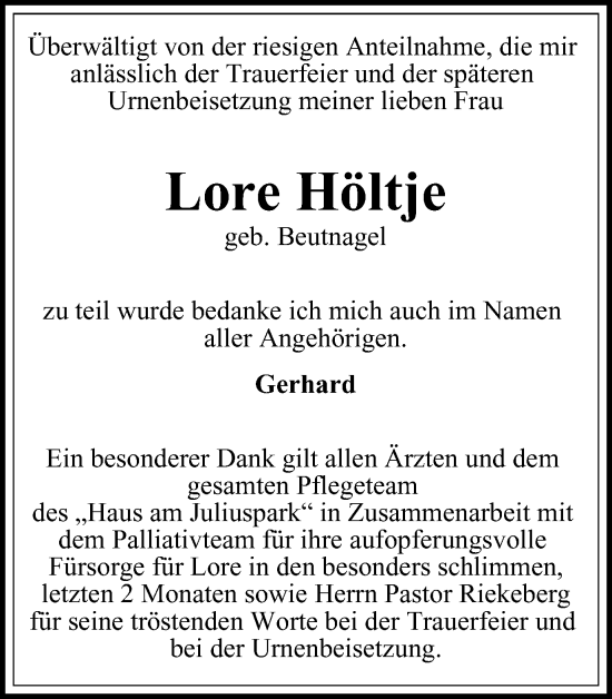 Traueranzeige von Lore Höltje von Wolfenbütteler Zeitung