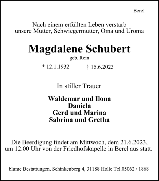 Traueranzeige von Magdalene Schubert von Salzgitter-Zeitung