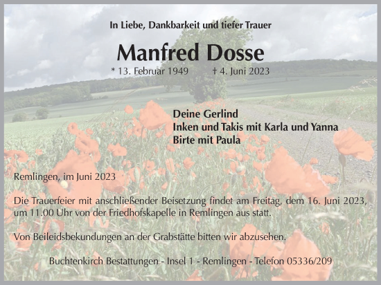 Traueranzeige von Manfred Dosse von Braunschweiger Zeitung