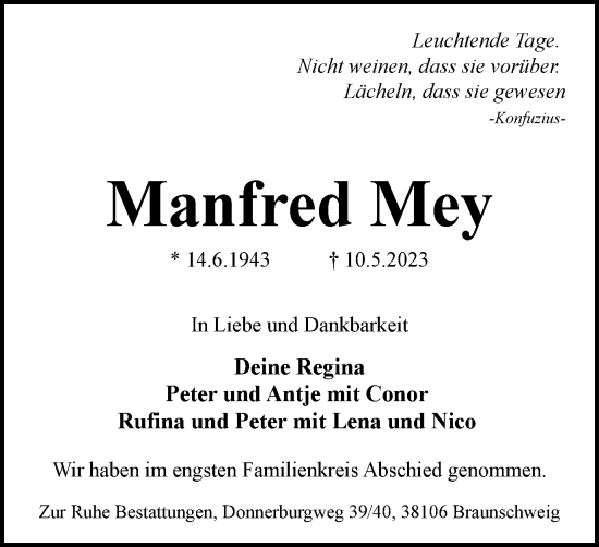 Traueranzeige von Manfred Mey von Braunschweiger Zeitung
