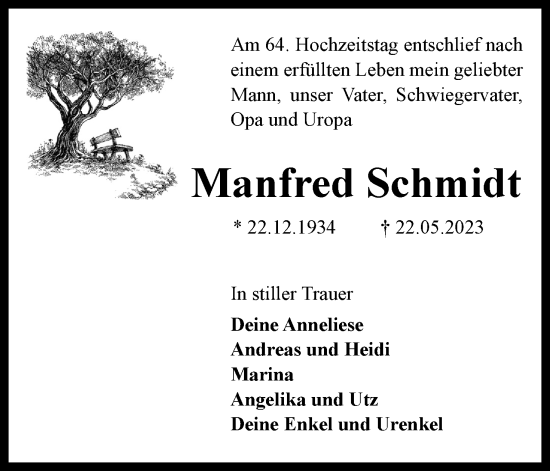 Traueranzeige von Manfred Schmidt von Neue Braunschweiger am Samstag