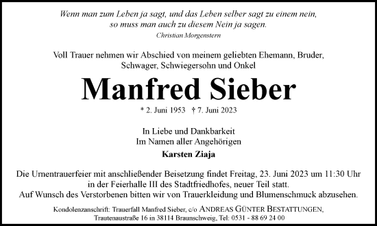 Traueranzeige von Manfred Sieber von Braunschweiger Zeitung
