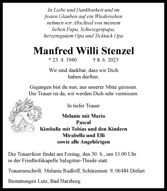 Traueranzeige von Manfred Willi Stenzel von Salzgitter-Zeitung