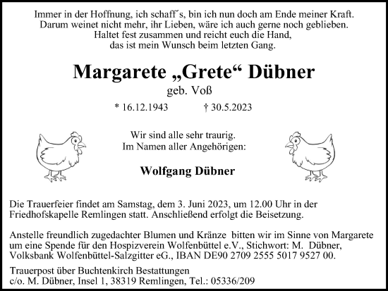 Traueranzeige von Margarete Dübner von Wolfenbütteler Zeitung