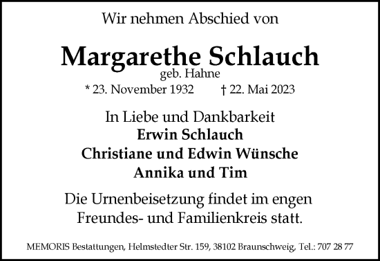 Traueranzeige von Margarethe Schlauch von Braunschweiger Zeitung