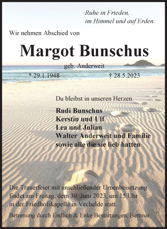 Traueranzeige von Margot Bunschus von Peiner Nachrichten