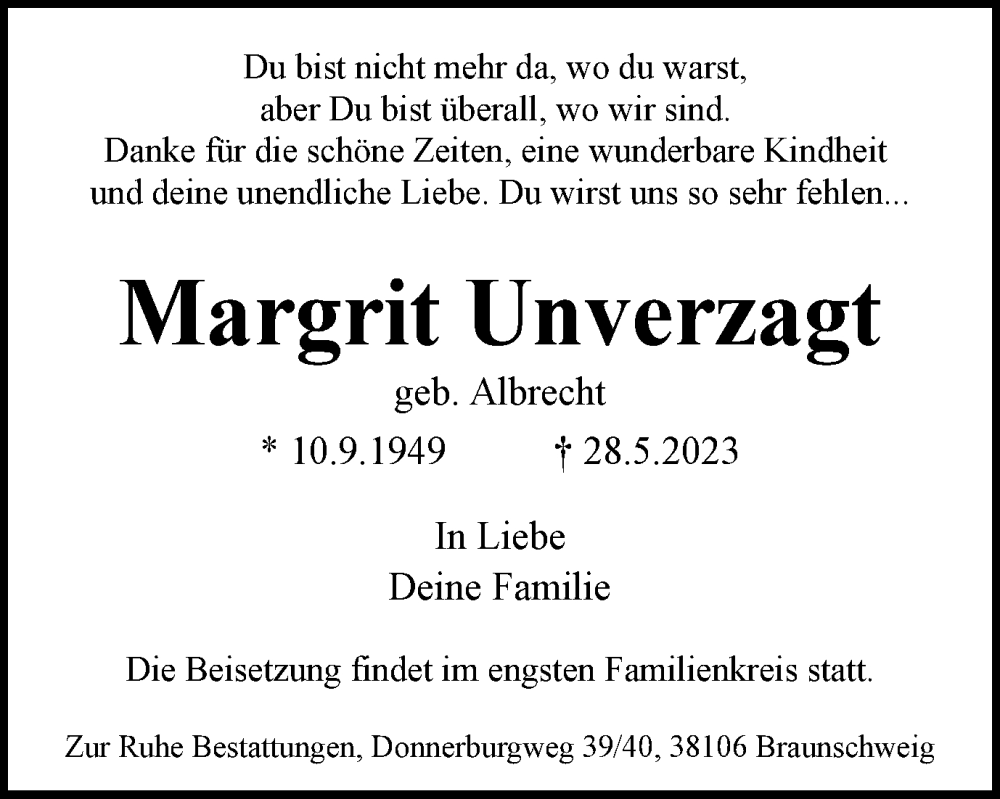  Traueranzeige für Margrit Unverzagt vom 03.06.2023 aus Braunschweiger Zeitung