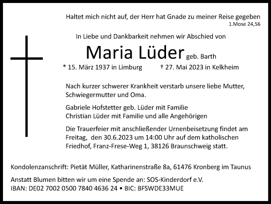 Traueranzeige von Maria Lüder von Braunschweiger Zeitung